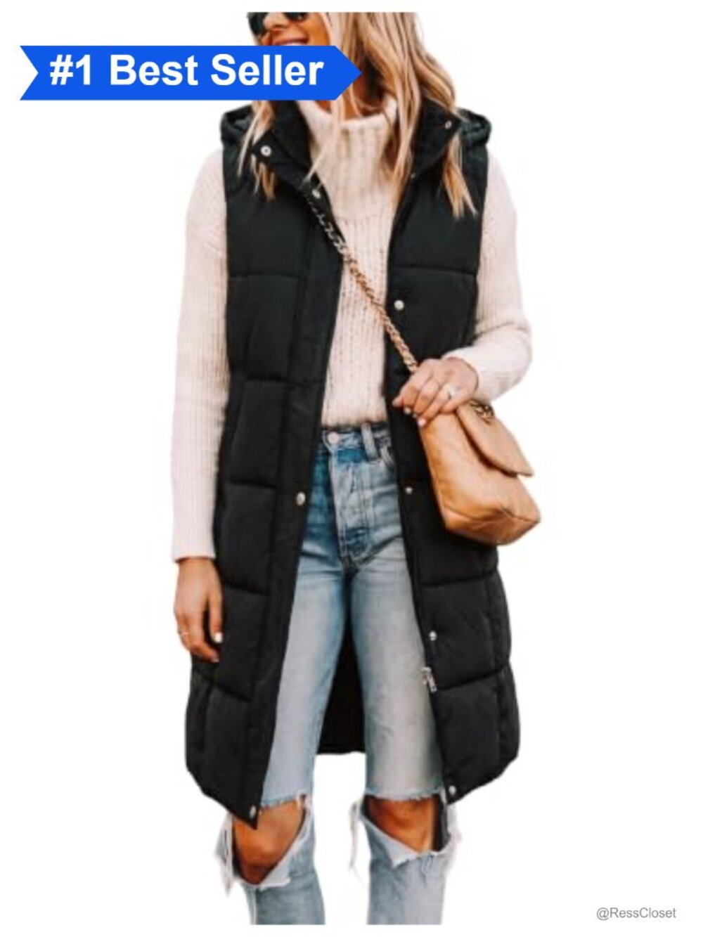 Womens Long Quilted Puffer Vest Sleeveless Hooded Zip Up Winter Coat